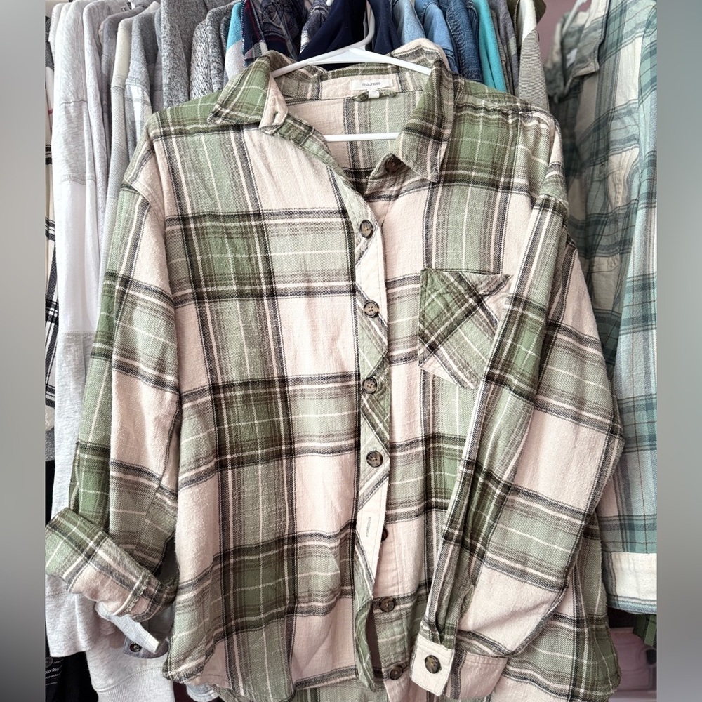 Maurices Green and Cream Plaid Button-Up Shirt